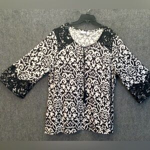 KIM ROGERS lace trimmed scroll print pull-over BLOUSE